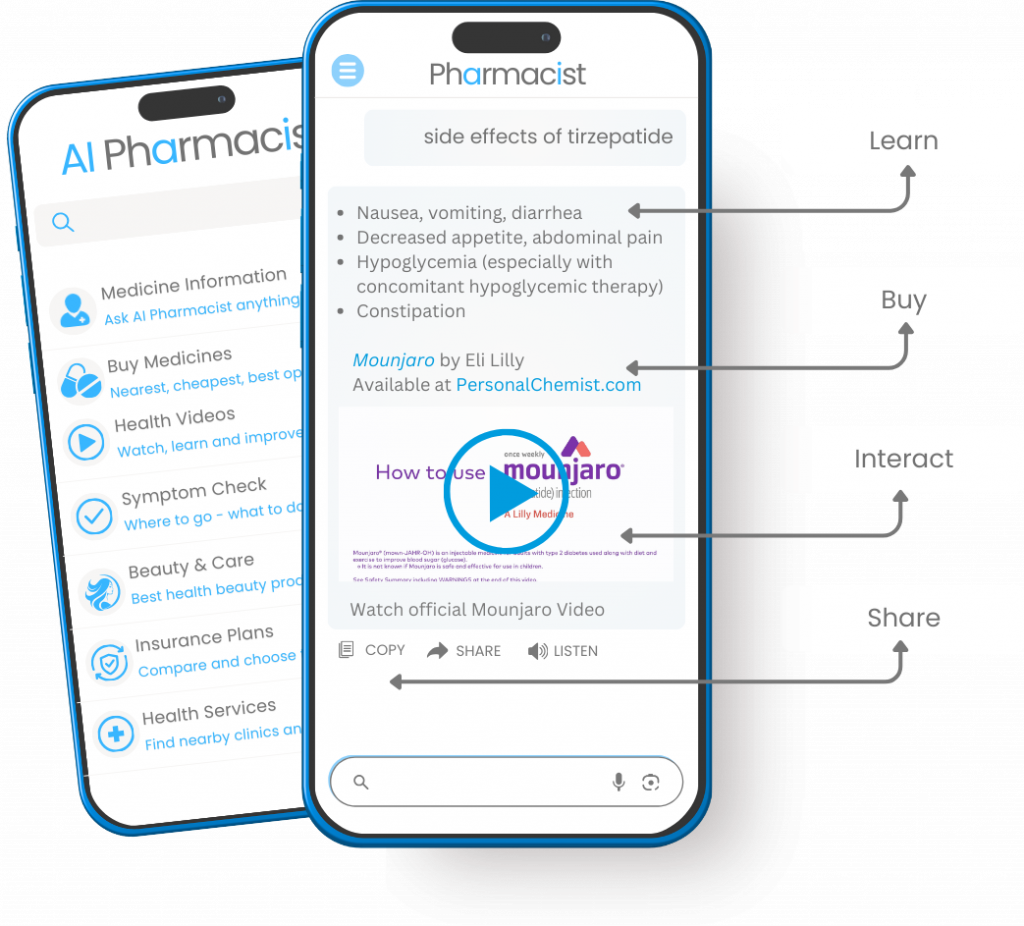 Ask medicine questions and get instant, pharmacist-led answers with video explainers, voice search, text-to-speech, copy and share tools.